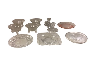 Heisey lot of (10) Items to include nut dishes and Plates Jack be nimble candlesticks