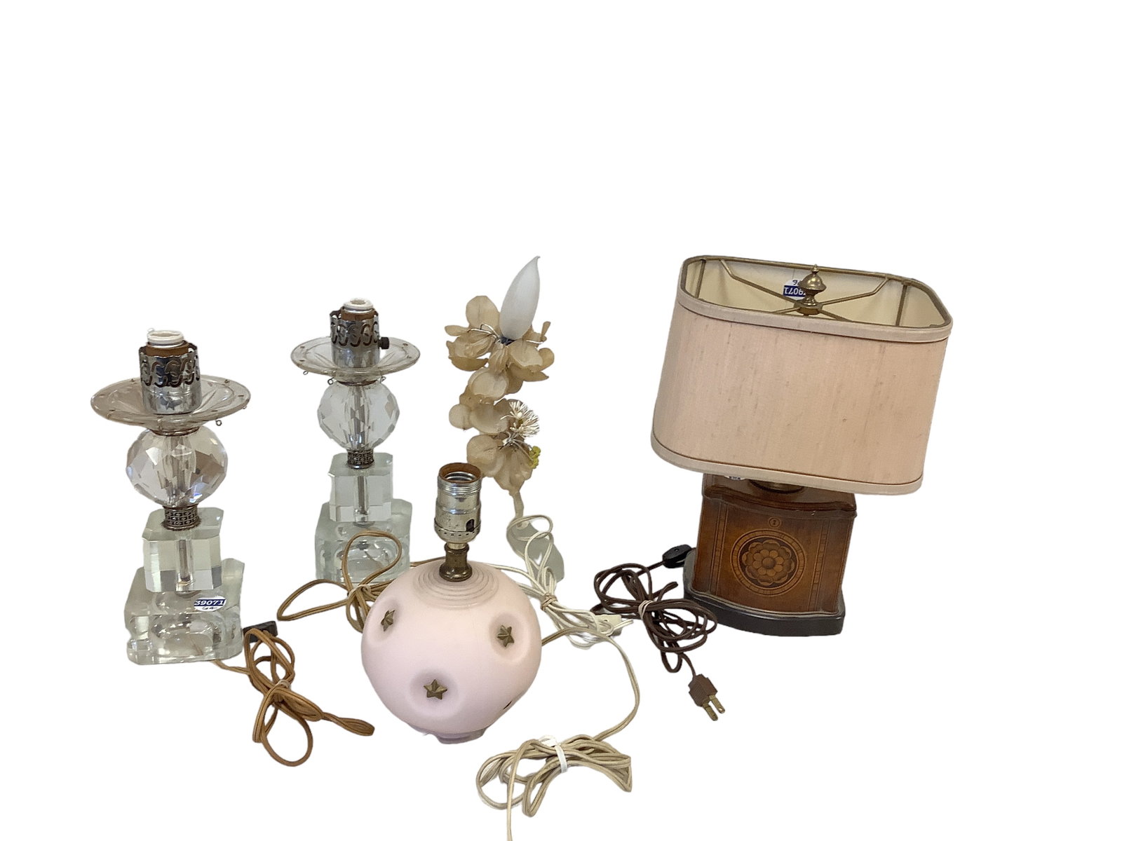 Collection of Various of Lamps: Collection of Various of Lamps Lot includes (5) lamps including set of (2) clear glass lamps with metal fretwork measuring 11"T, missing crystals; Pink satin star glass lamp measuring 9"T; Tole painte