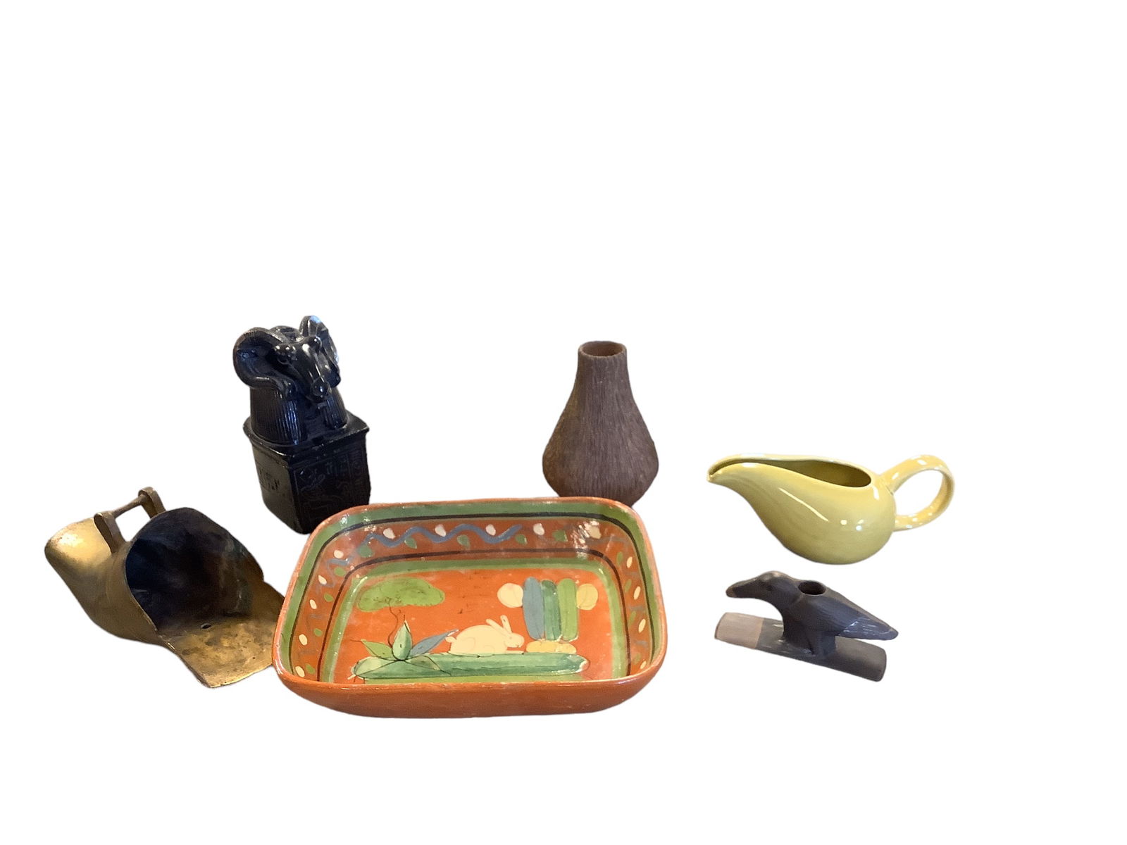 Eclectic Group with Pottery, Brass and More: Eclectic Group with Pottery, Brass and MoreHand painted pottery dish 7.75" x 9.25". Brass scoop, Russel Wright mid century creamer and other items as pictured.