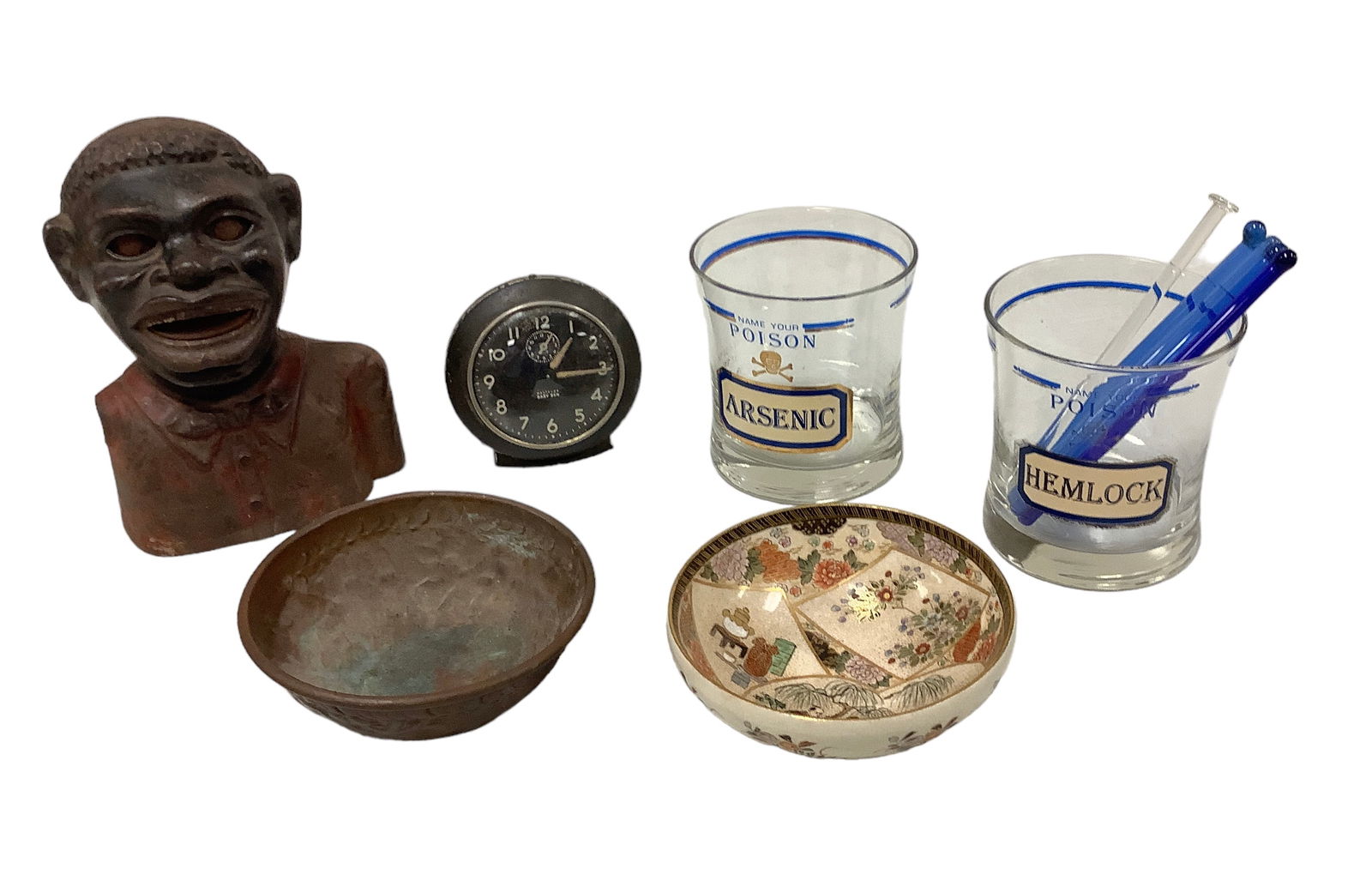 Lot of Vintage Collectible Items: Lot of Vintage Collectible ItemsMixed lot of great vintage items. Two cocktail glasses "Name your Poison" - Arsenic or Hemlock. 5 glass cocktail stir sticks. Charming 5" diameter pounded copper bowl a