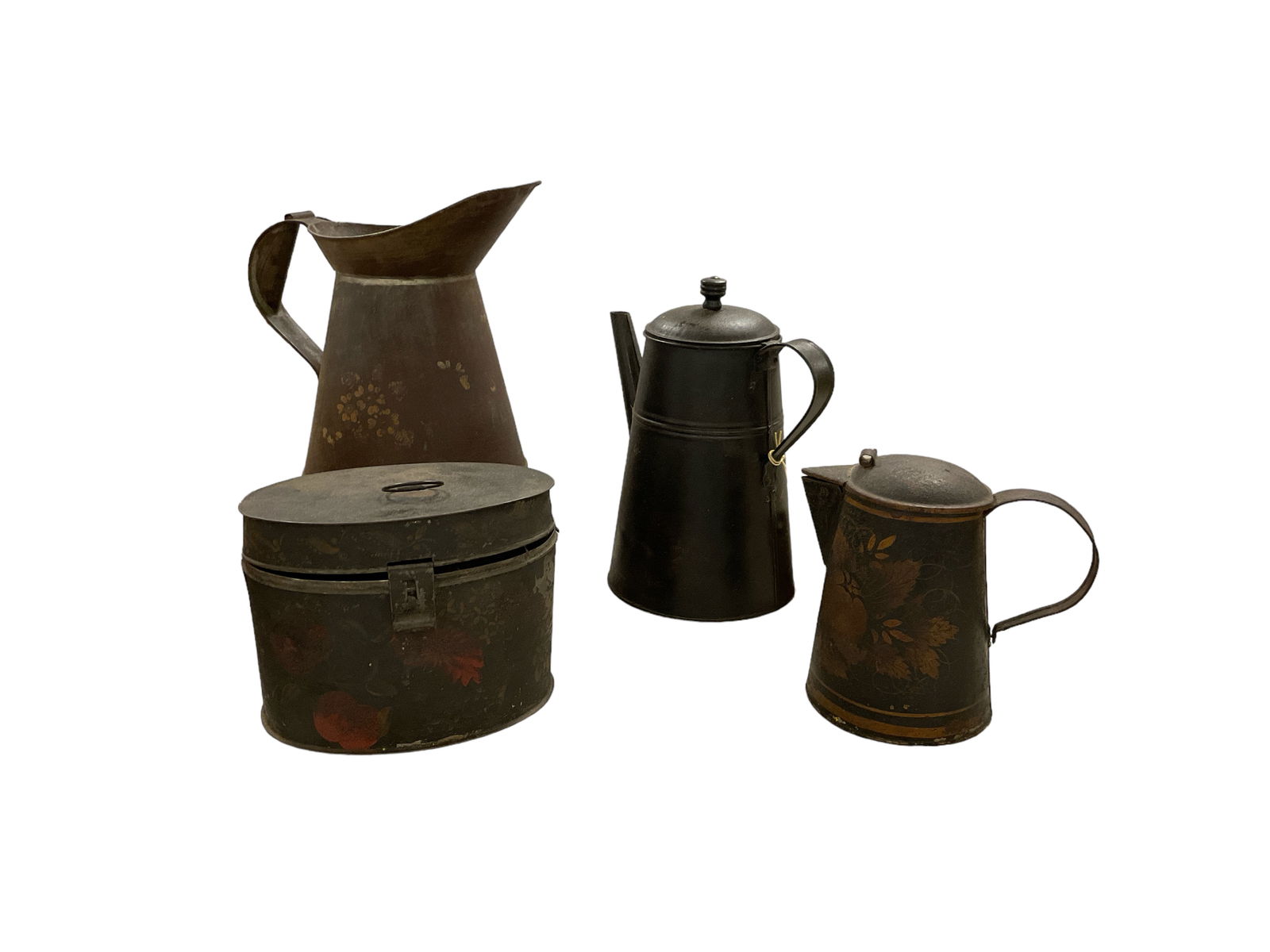 Antique Metal Tin Coffee Pot, Tea Pot, Watering Pitcher and Lunch Box with Thermos: Antique Metal Tin Coffee Pot, Tea Pot, Watering Pitcher and Lunch Box with Thermos