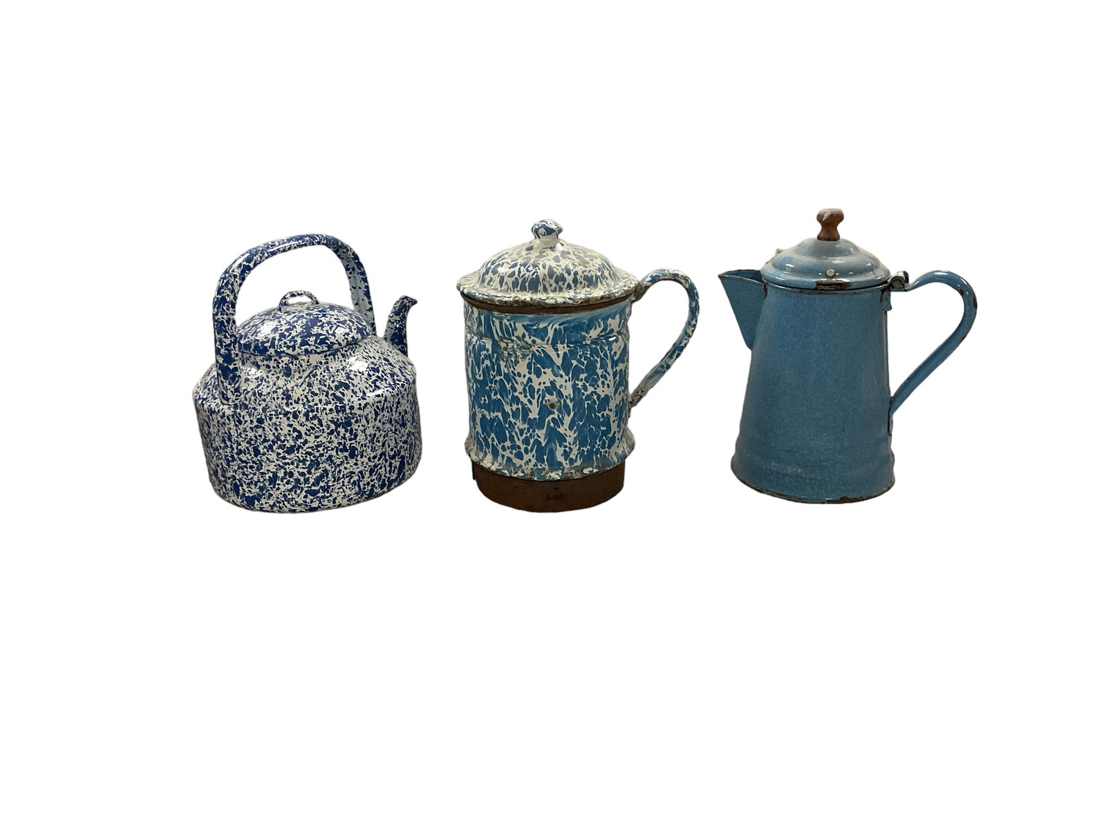 (2) Antique Metal Enamel Coffee Pots and (1) Tea Pot: (2) Antique Metal Enamel Coffee Pots and (1) Tea Pot(2) swirl pattern. (1) plain blue.