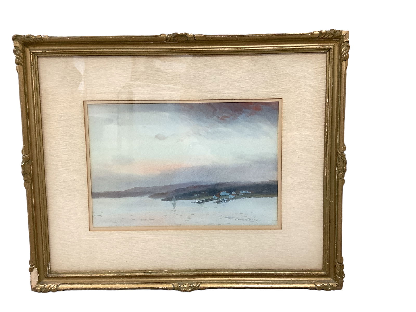 Clarence Braley, Massachusetts 1854-1927, Houses by the Lake, Watercolor, Painting 8 x 12 in. (20.3: Clarence BraleyMassachusetts, 1854-1927Houses by the LakeWatercolorSigned LR, "Clarence E. BraleyPainting 8 x 12 in. (20.3 x 30.5 cm.), Frame: 16 x 19 3/4 in. (40.6 x 50.2 cm.)