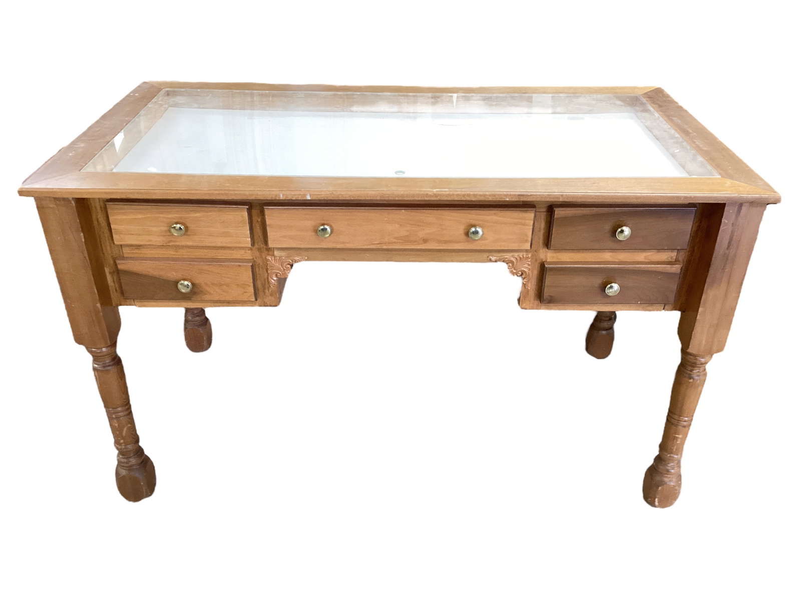 Mahogany Display Top Table with 5 Drawers 36" H x 60" L x 32" D: Mahogany Display Top Table with 5 Drawers The top is plexiglass 36" H x 60" L x 32" D