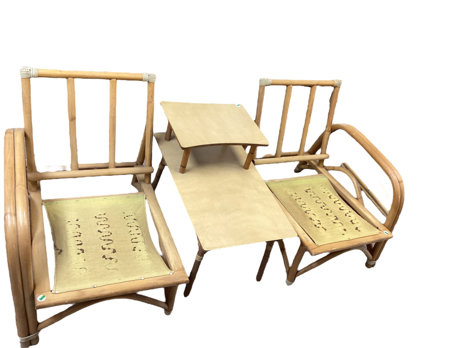 2 Mid Century Modern Rattan Chairs & Tiered Side Table Table: 23" H x 29 1/2" D x 18" W Chairs: 27" (1 of 1)