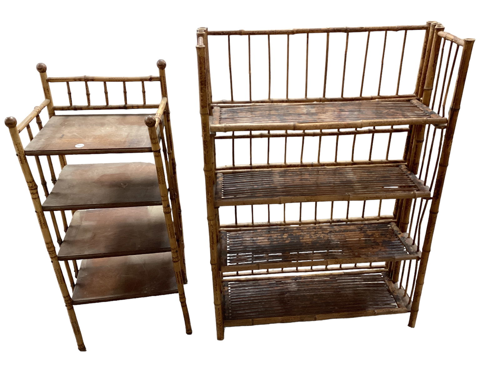 2 Bamboo Shelves for Plants Tall shelves:45" H x 31" W x 12" D Small shelves: 39" H x 17" W x 13" D (1 of 2)