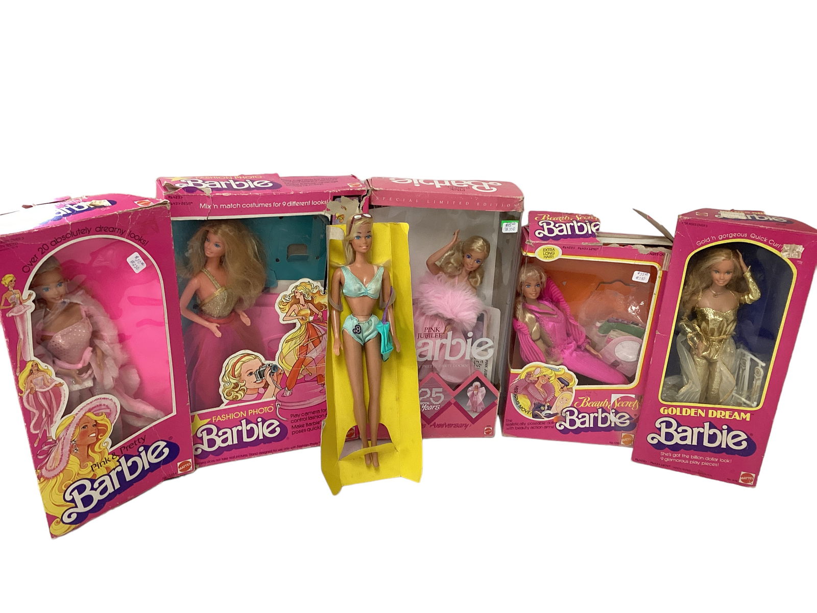 6 Pink Box Barbie and Friends Opened Condition: 6 Pink Box Barbie and Friends Opened ConditionBarbies and friends includes Fashion Photo Barbie (opened damaged box & removed doll), Pink & Pretty Barbie (opened damaged box and removed Barbie), Beaut
