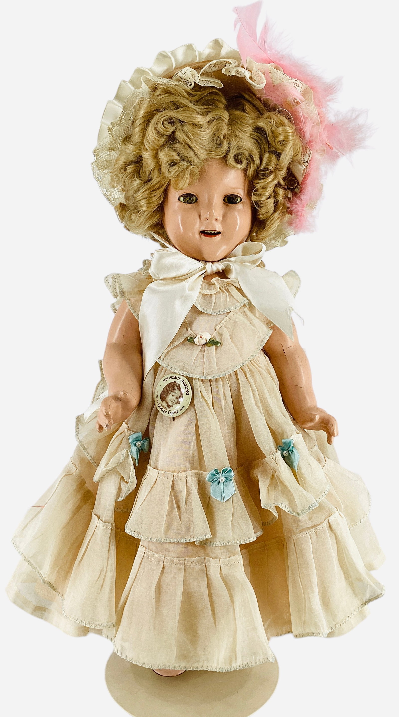 Ideal "Shirley Temple": Ideal "Shirley Temple" 18" composition doll with mohair wig, sleep eyes with eyelashes, open mouth with teeth, on five-piece body. Shirley is dressed in her "Little Colonel" o
