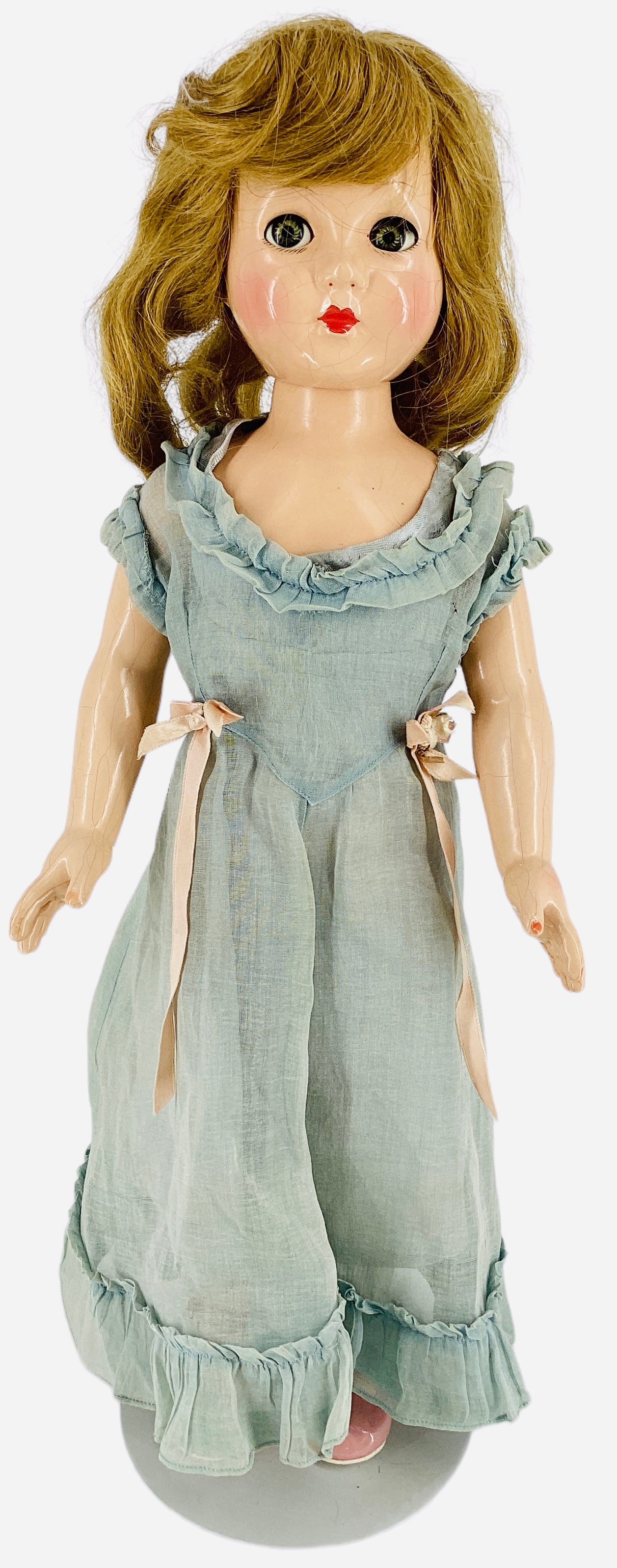 Effanbee Flirty-Eye "Honey": Effanbee Flirty-Eye "Honey"20 1/2" hard plastic doll with human hair wig, flirty eyes with eyelashes, closed mouth, on fivei-piece body, dress appears to be original, shoes are replacem