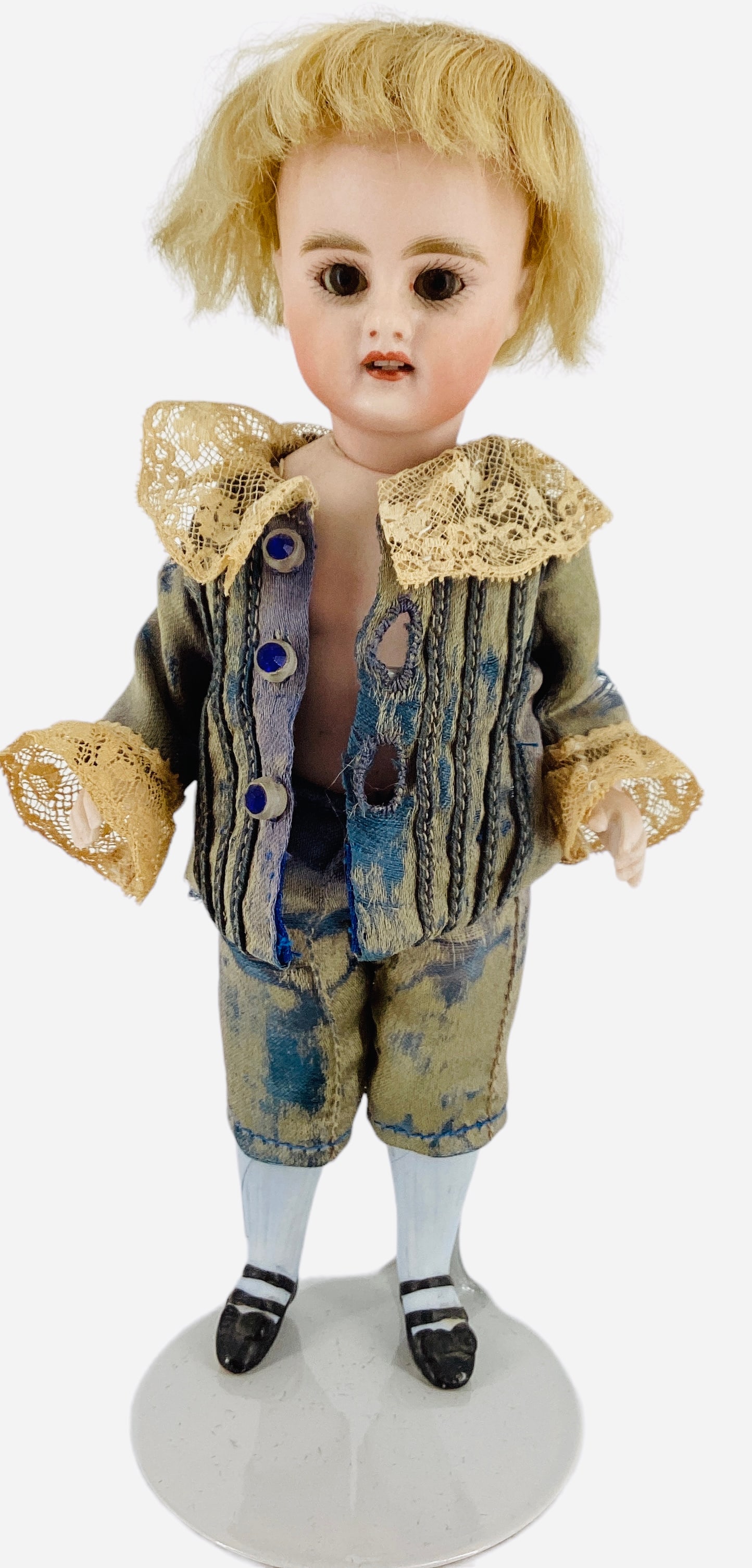 Simon & Halbig 880 All-Bisque Boy: Simon & Halbig 880 All-Bisque Boy8" doll with bisque swivel head, pin jointed arms and legs, molded and painted two-strap shoes and ribbed stockings, mohair wig, glass sleep eyes, open mouth with