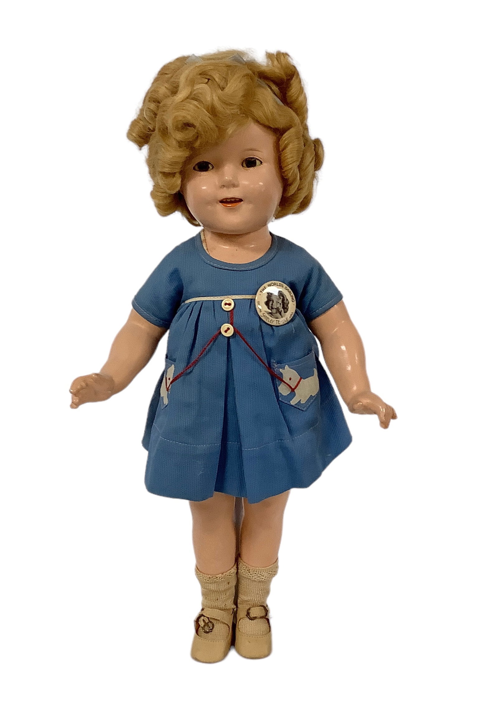 Ideal "Shirley Temple": Ideal "Shirley Temple" 18" composition doll with mohair wig in original set, sleep eyes with eyelashes, open mouth with teeth, on five-piece composition body. Shirley wears her original