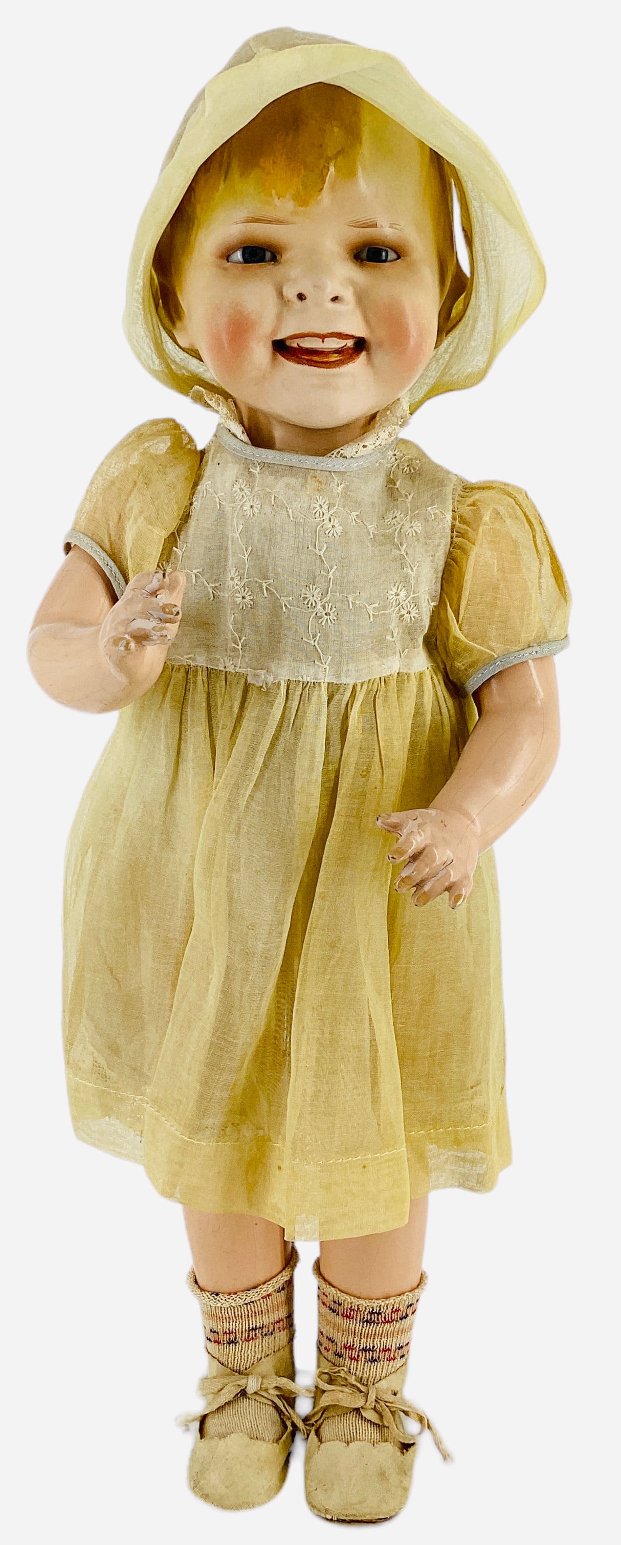 Helen Jensen "Gladdie": Helen Jensen "Gladdie" 18" flange solid dome "biscaloid" head with molded and painted hair and facial features, glass sleep eyes, open/closed mouth with upper teeth, on firmly