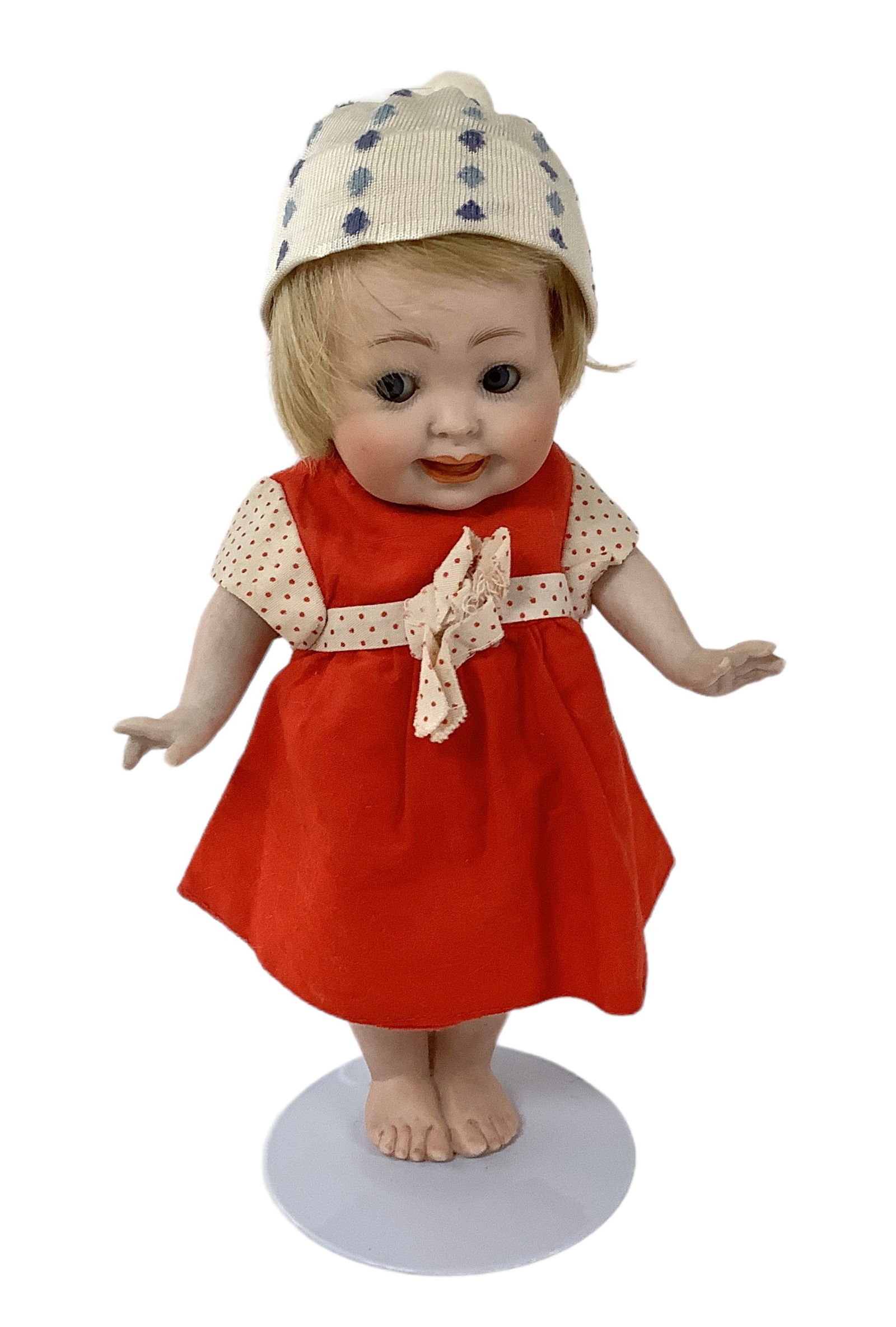 All Bisque "My Fairy": All Bisque "My Fairy"8 1/2" doll with one-piece head/torso/legs, string jointed arms, human hair wig, glass sleep side-glancing googly eyes, open/closed mouth with molded and painted te