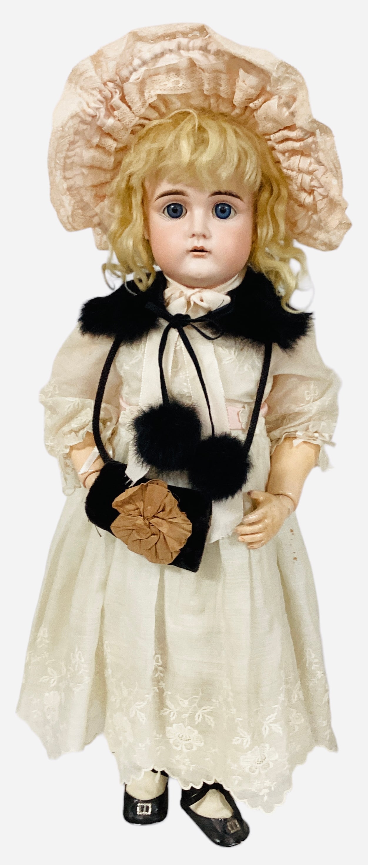 German Bisque Socket Head Girl: German Bisque Socket Head GirlMarked as shown, 24 1/2" doll has a mohair wig, glass sleep eyes, open mouth with teeth, on jointed composition body. Few minor wig pulls otherwise bisque is good, n
