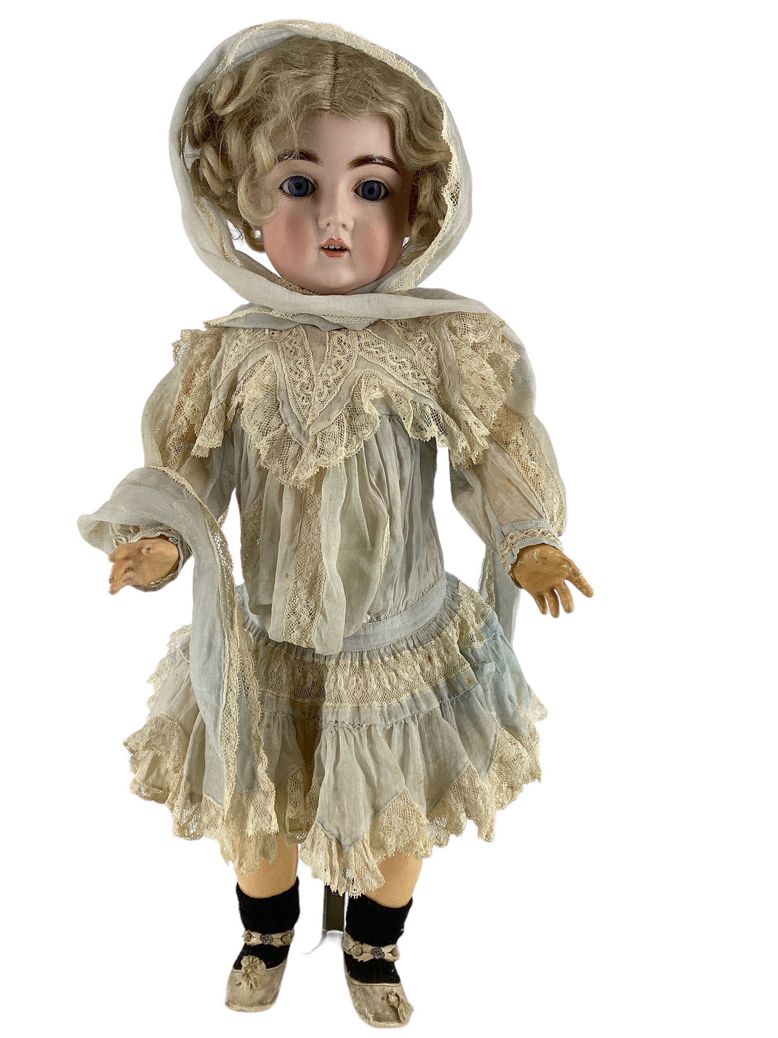 Kestner 167 Bisque Socket Head Girl: Kestner 167 Bisque Socket Head Girl20 1/2" doll with antique mohair wig over intact plaster pate, glass sleep eyes, open mouth with teeth, jointed composition body, nicely dressed. Bisque is good