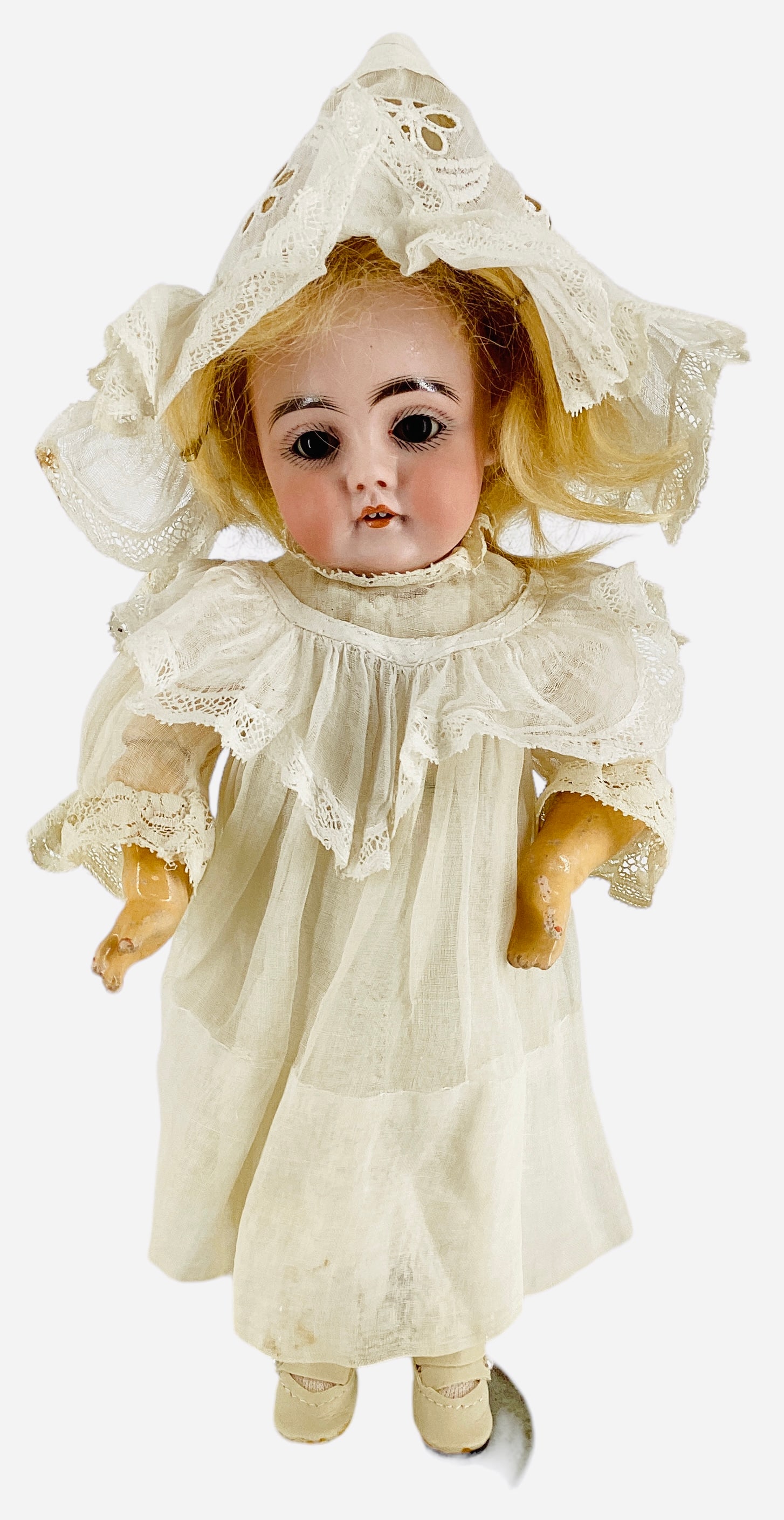 Kestner 142 Bisque Socket Head Child: Kestner 142 Bisque Socket Head Child9 1/2" doll with mohair wig over detached plaster pate, glass sleep eyes, open mouth with teeth, on jointed composition body with straight wrists, nicely dress
