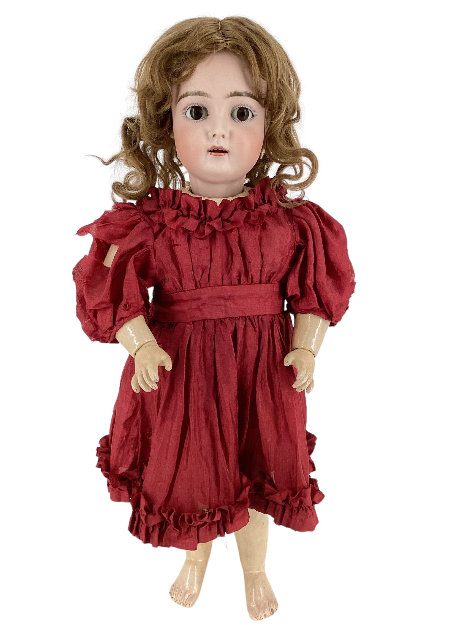 Bisque Socket Head Girl Marked "192": Bisque Socket Head Girl Marked "192"Likely Kestner, 20" girl with antique mohair wig, glass sleep eyes, pierced ears, open mouth with teeth, on jointed composition body stamped as shown