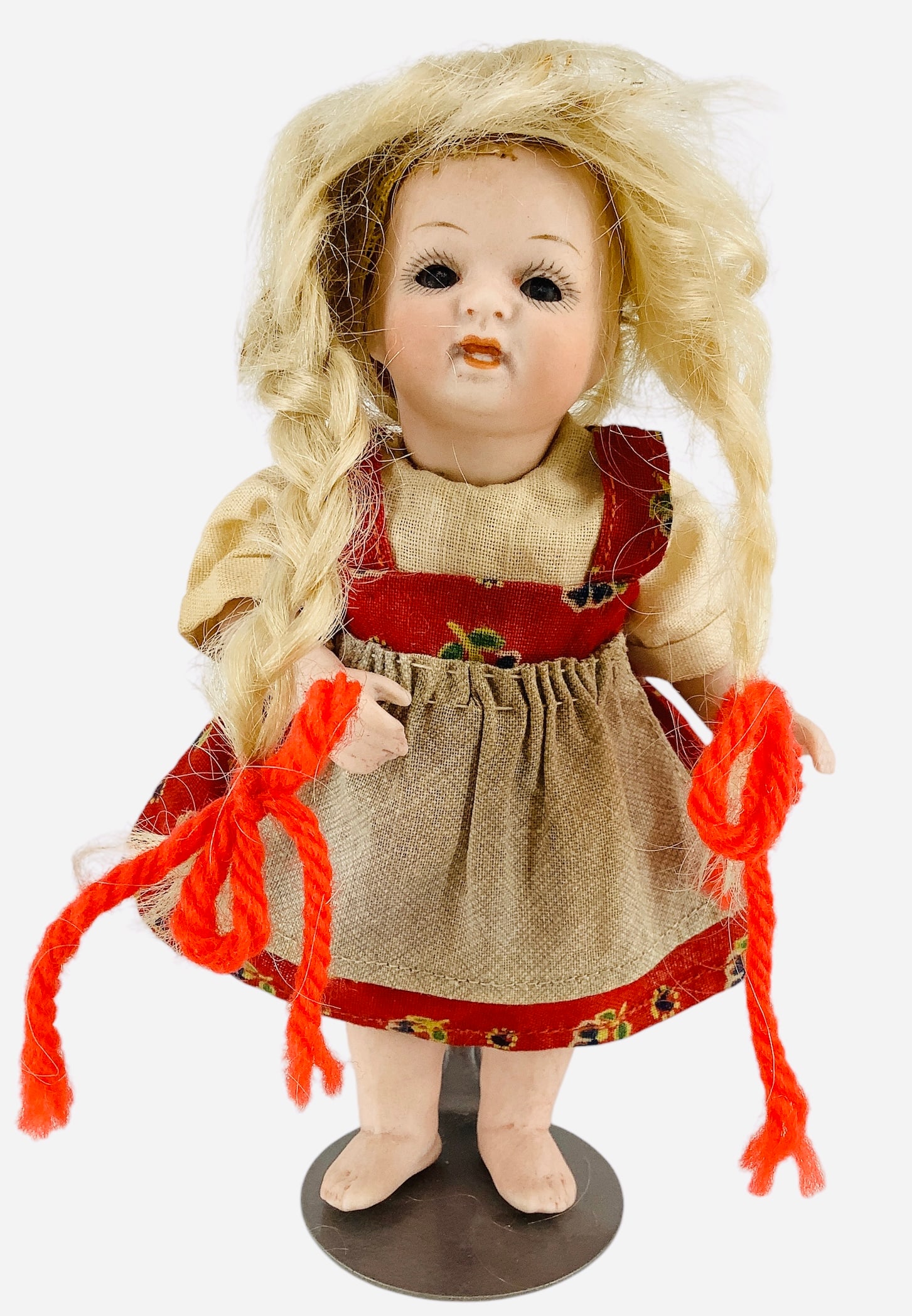 German All-Bisque Character Girl: German All-Bisque Character Girl 5 1/2" doll with swivel head marked as shown (mark partially obscured by glue residue), mohair wig, glass sleep eyes, open/closed mouth with molded and painted te