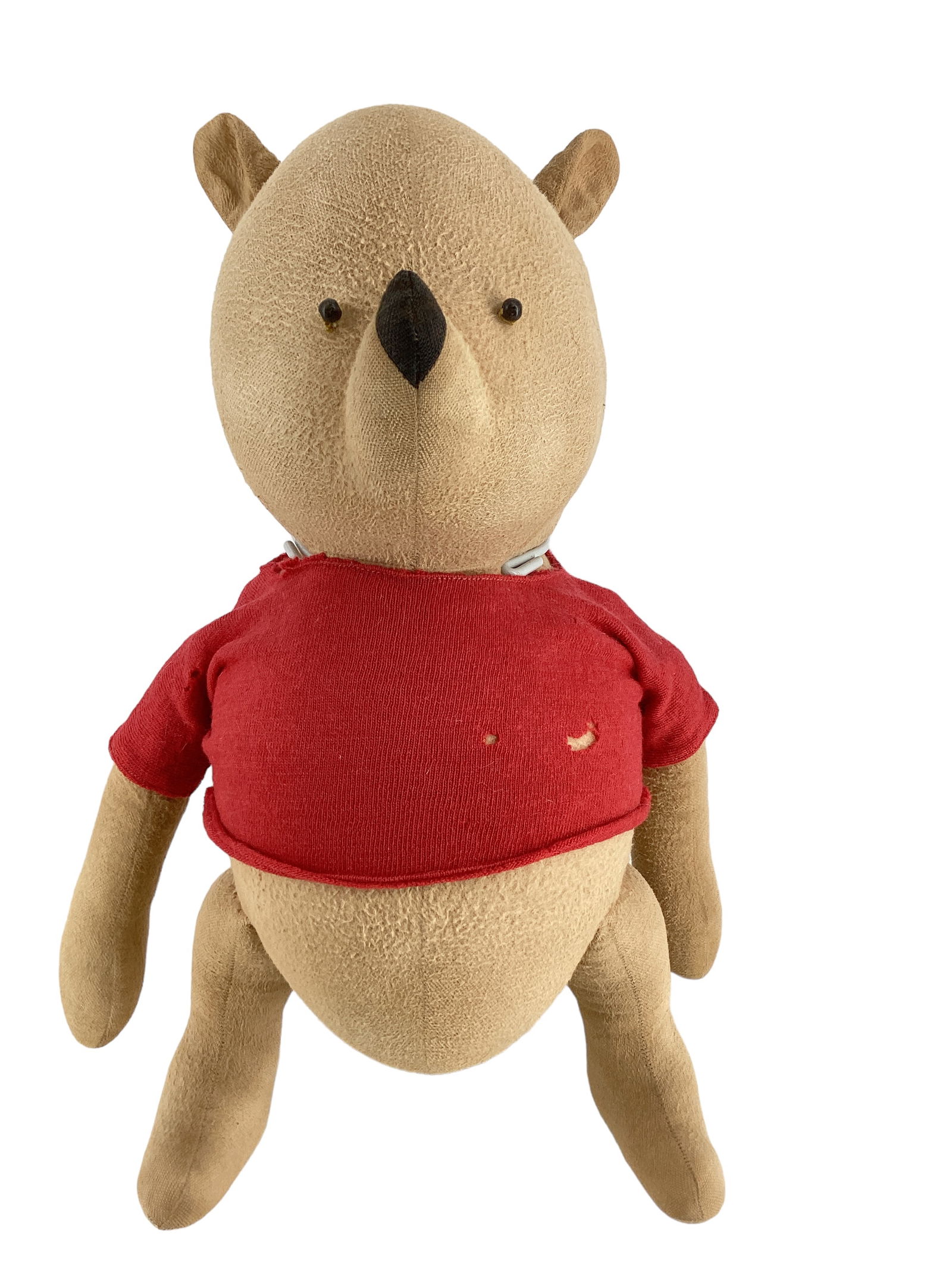 Vintage "Winnie-the-Pooh": Vintage "Winnie-the-Pooh"13" fabric bear with one-piece head/torso, applied ears and legs, long arms, tiny bead eyes, upturned snout with contrasting fabric nose. Winnie wears his signa