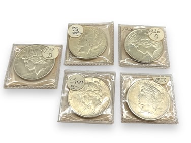 Five U.S. Peace Silver Dollar Coins