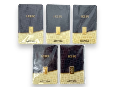 Five IGR 0.5 Gram Gold Bullion Bars