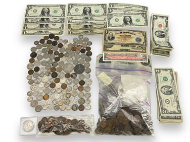 Assortment of U.S. Coins and U.S./Foreign Currency