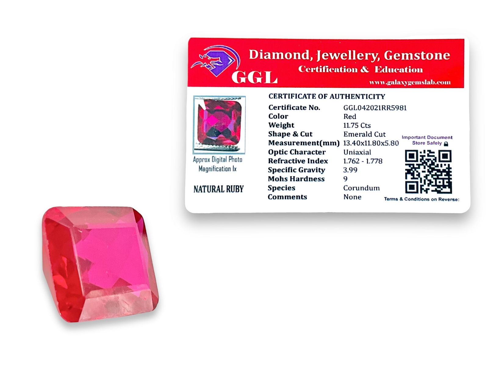 Loose Red Corundum Step-Cut Stone: Loose Red Corundum Step-Cut StoneStone has a Identification Card from the GGL (Galaxy Gem Labs) stating the stone is red corundum, 11.75 carats in an emerald or step-cut and measures 13.4 x 11.8 x 5.8
