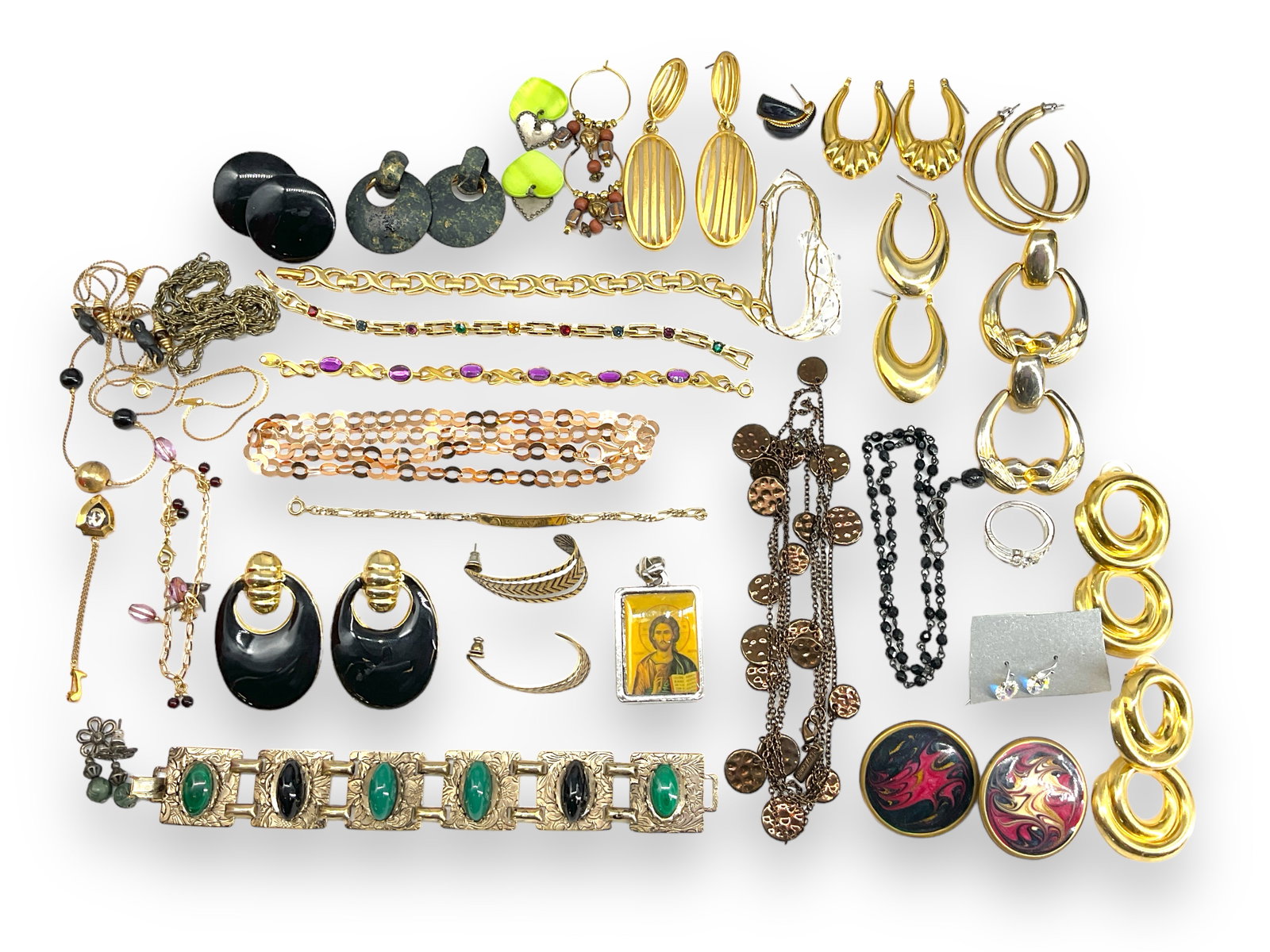 Big Lot of Fashion Jewelry: Big Lot of Fashion JewelryLot has a hallmarked "Daisy Fuentes" tested copper opera-length charm necklace, multiple gold-tone hoop earrings, various post-back pierced earrings, a gold-tone chain neckla