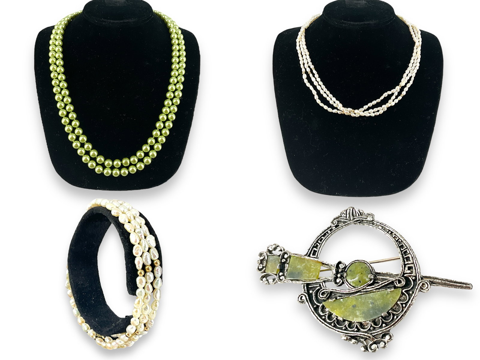 Freshwater Rice Pearl Necklace and Matching Bracelet, Green Pearl-Type Necklace and Scottish Fashion: Freshwater Rice Pearl Necklace and Matching Bracelet, Green Pearl-Type Necklace and Scottish Fashion Brooch Freshwater rice pearl necklace is three strands, is approx 18" long, has a marked and tested