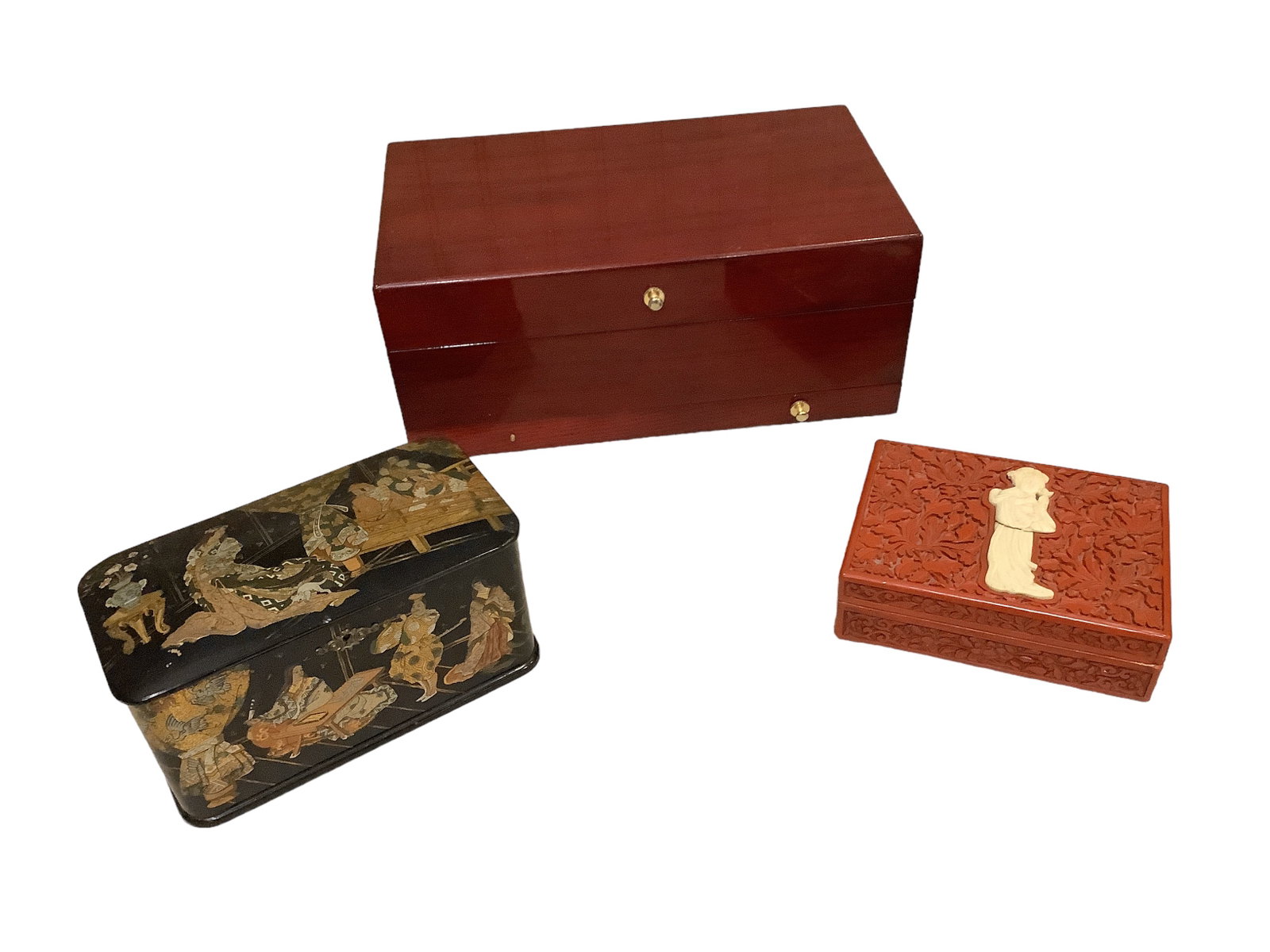 (3) Vintage Wood Jewelry and Stationary Boxes: (3) Vintage Wood Jewelry and Stationary Boxes Large 36 compartment jewelry box is 14.5" x 8.5". Cherry wood color with brass like hardware.