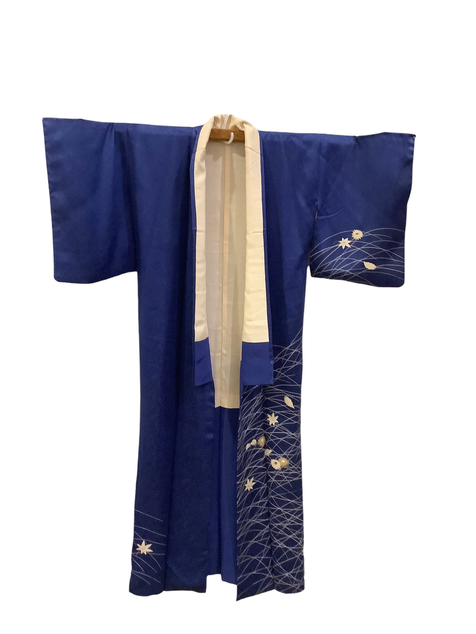 Royal Blue Kimono 64" long, 19.5" sleeve length, 25" shoulder to shoulder: Royal Blue Kimono Kimono appears to be hand-stitched with hand-painted flowers. 64" long 19.5" sleeve length 25" shoulder to shoulder