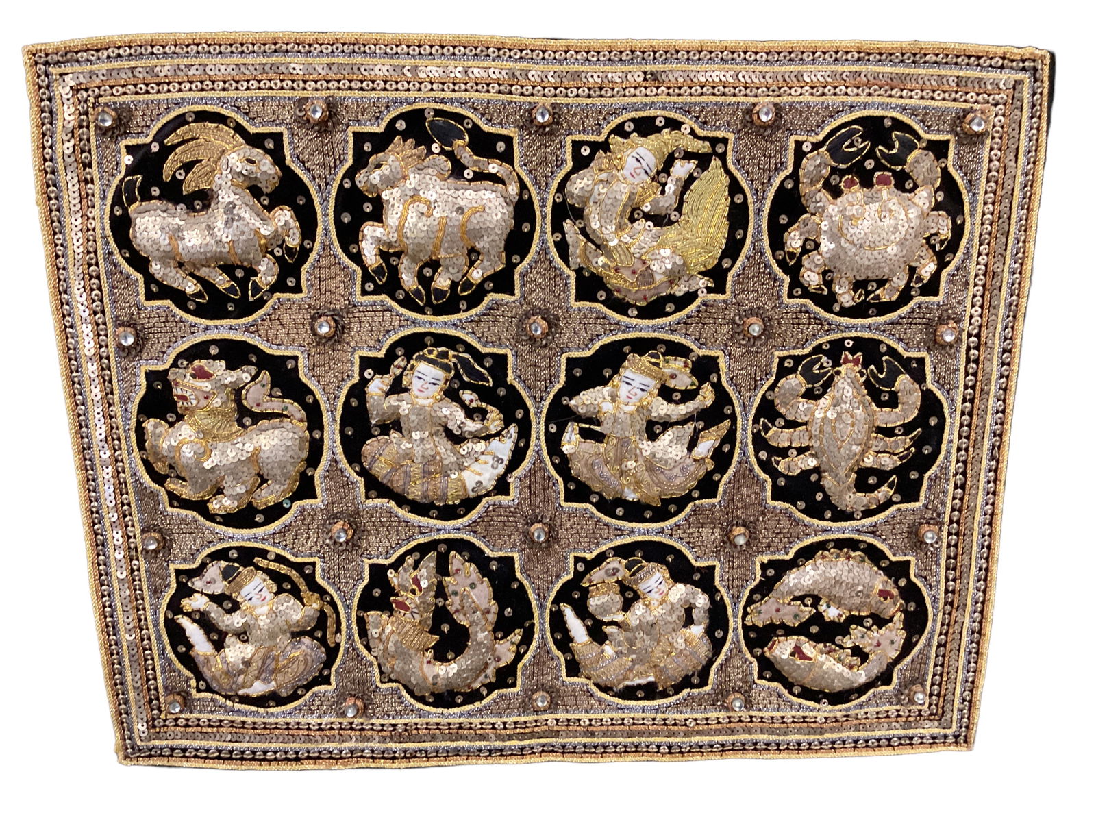 Small Burmese Kalaga Tapestry. Embroidery 16 1/2 x 19 1/2 in. (41.9 x 49.5 cm.), Frame: 21 x 25 1/2 (1 of 5)