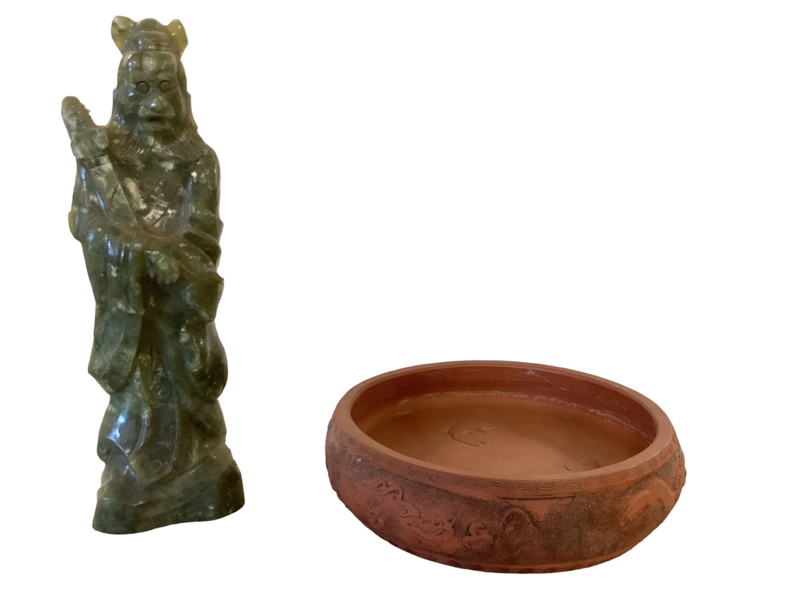 Asian Figurine and Asian Bonsai Pot: Asian Figurine and Asian Bonsai PotAsian figurine of warrior 11.25"T; Asian clay bonsai pot engraved with gold fish, marked Japan.