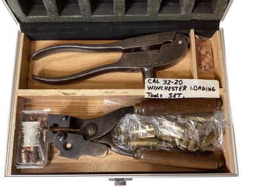 Case with Antique Winchester 32-20 Cal. Loading Tools Bullet Mold & Brass