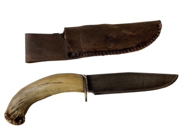 Antique Patch Knife and Sheath Overall length 9" blade 5" blade width 1 1/8" wide