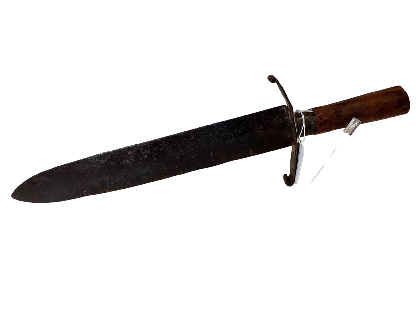 Crude Spear Point Confederate Side Knife Blacksmith Made Overall 16 1/4" long blade is 12" long 4: Crude Spear Point Confederate Side Knife Blacksmith Made The grip is walnut and was replaced. Brass ferrule. Overall 16 1/4" long blade is 12" long 4 1/2" cross guard