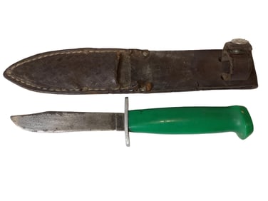 Remington Sheathed Fixed Blade Knife with Green Handle 7 1/4" overall length blade 3 1/2" long