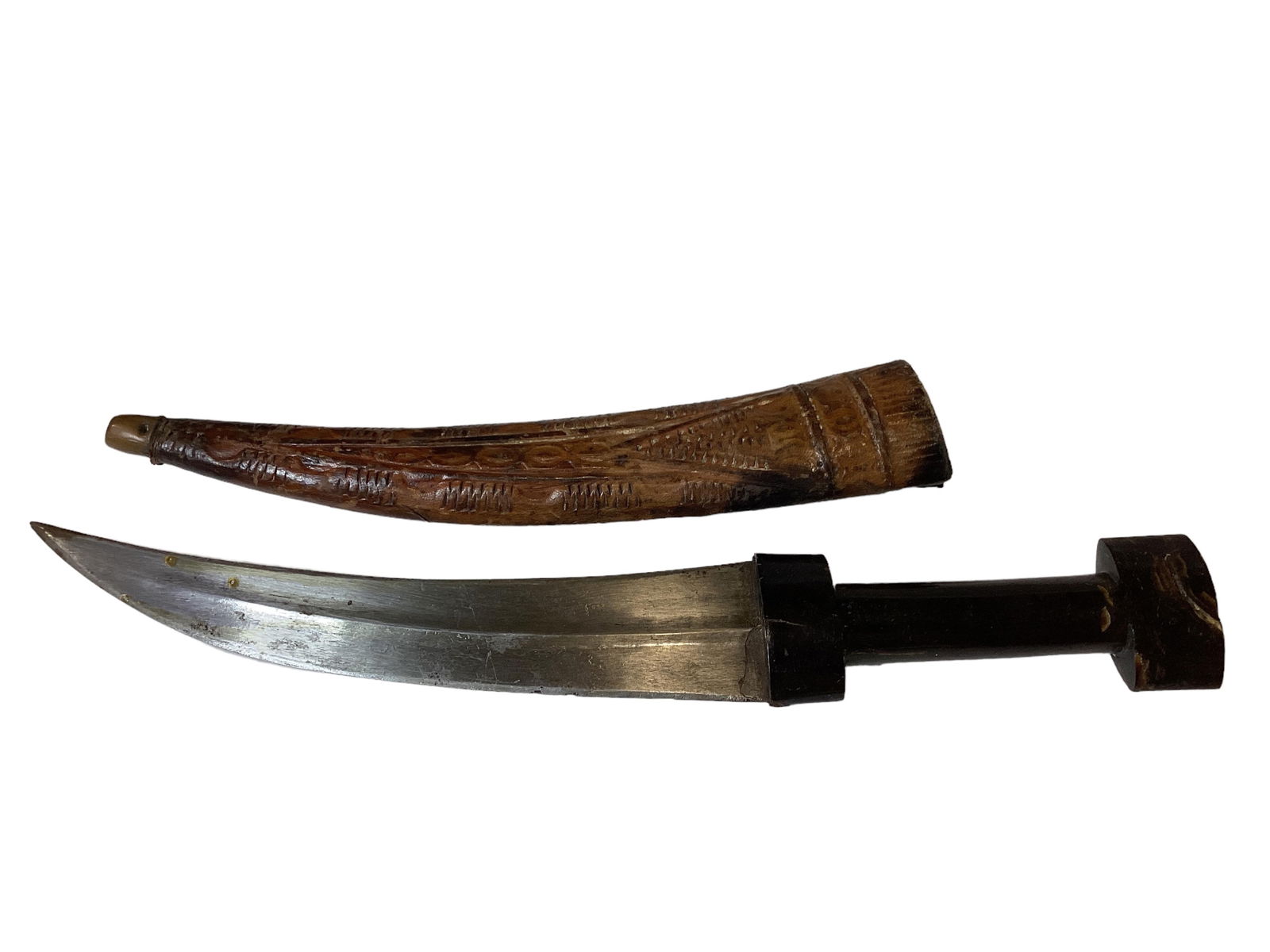 Antique 19th c. Turkish Ottoman Kurdish Dagger Khanjar - Jambiya Overall length 14" sheathed blade 8: Antique 19th c. Turkish Ottoman Kurdish Dagger Khanjar - JambiyaA curved double edged blade formed with a medial ridge horn hilt of typical form. It is in its original leather covered wooden scabbard