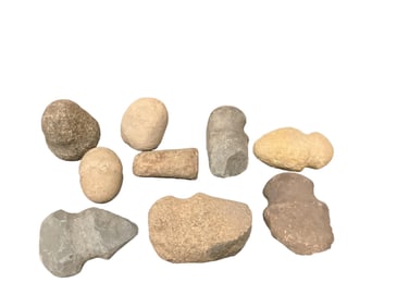 (9) Prehistoric American Indian Axe Heads, Stone Pestles and Grinding Stones