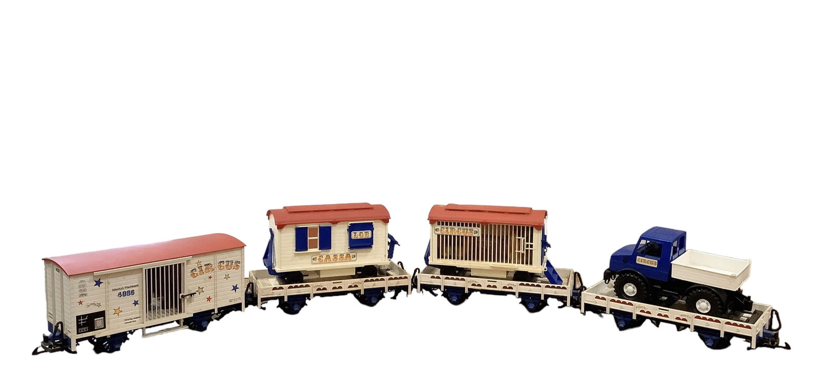 LGB G Gauge: LGB G Gauge4036 circus box car, (2) 8101 flat cars, 8109 flat car with truck.