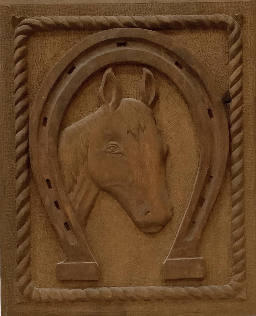 Vintage Wooden Carving of Horse and Horseshoe: Vintage Wooden Carving of Horse and HorseshoeWall hanging is 19" x 22 3/4".