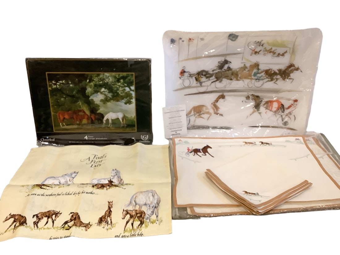 Collection of Horse Placemats, Serving Plate and Towel: Collection of Horse Placemats, Serving Plate and Towel Collection includes (4) large Cloverleaf placemats featuring horses; Large Creations melamine or plastic serving plate 14.50" x 19"W; (2) sets of