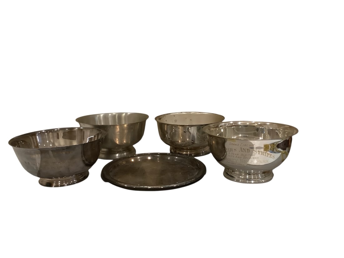 Silver Plated Horse Racing Trophies: Silver Plated Horse Racing Trophies Includes (4) bowls, each is about 10" in diameter, and a 12.25" diameter tray. All are engraved.