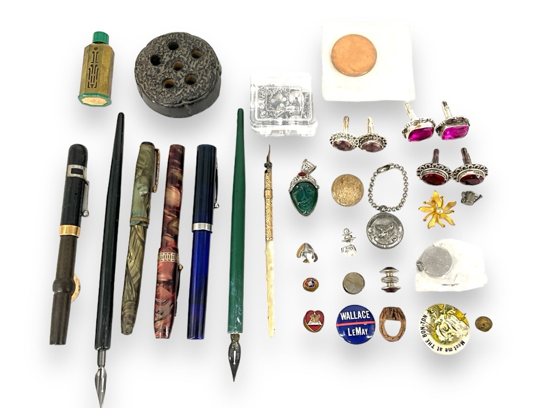 Assortment of Fountain Pens, Cufflinks, Tie Clasps and a Silver "Face" Pendant (1 of 7)