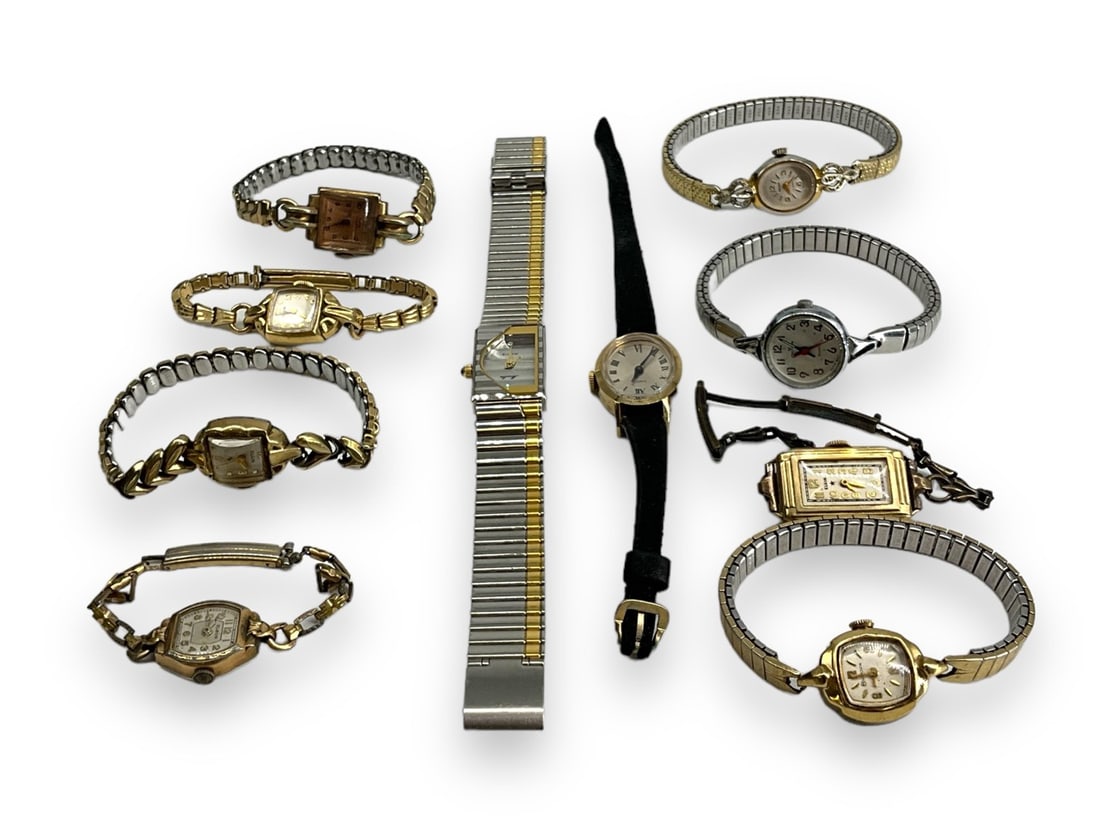 Ten Multiple Vintage Ladies Watches: Ten Multiple Vintage Ladies WatchesLot includes the following vintage ladies watches, none have been tested for working order: 1) A "Moulin" brand quartz watch in silver and gold-tone metal which has