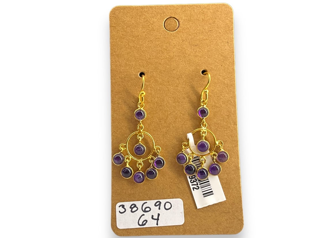 New Vermeil Dangle Earrings With Bezel Set Amethyst Gemstones: New Vermeil Dangle Earrings With Bezel Set Amethyst Gemstones Measuring (1.62") in length, each earring is accented with a bezel set rounded amethyst cabochon approx. (3.8mm each) (0.11 troy oz tw).
