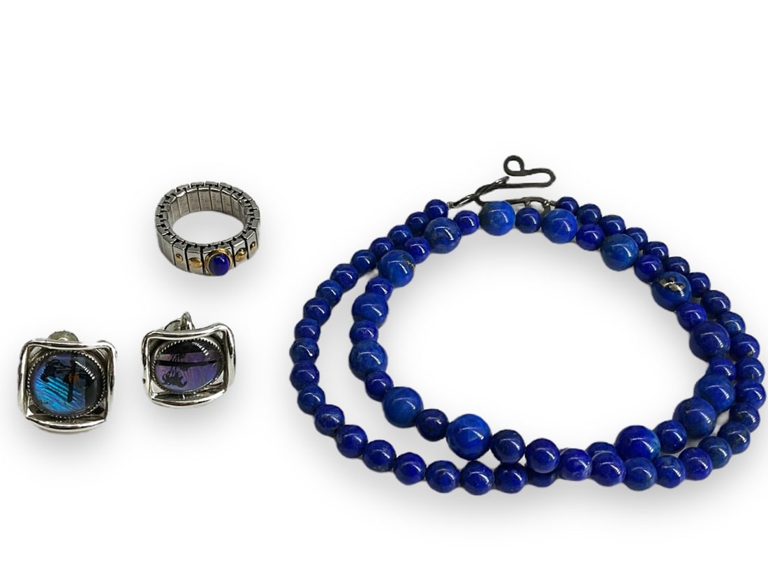 Lapis Lazuli Bead Necklace, "Zoppini" Lapis Ring, Collectible Vintage Painted Butterfly Wing (1 of 10)