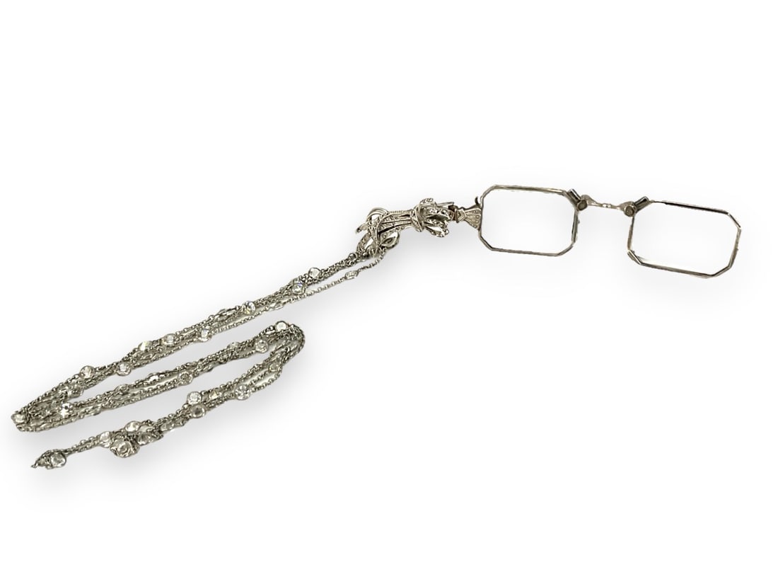 Vintage Silver Lorgnette w/Fancy Opera Length Chain: Vintage Silver Lorgnette w/Fancy Opera Length Chain Lovely lorgnette tests as silver, closes and deploys open with an articulated side lever, lenses are present and piece attaches to a marcasite encru