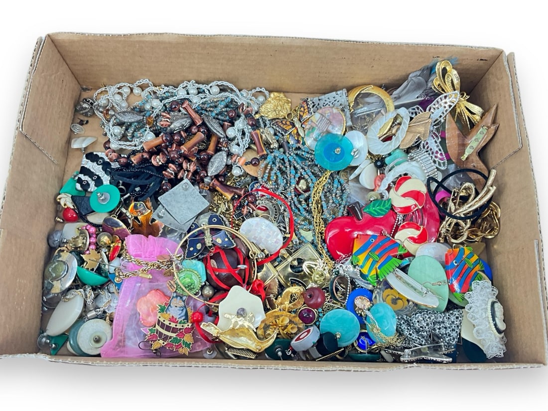 Box Lot Of Jewelry & Accessories: Box Lot Of Jewelry & AccessoriesDozens of accessories including a vintage road runner on, vintage enameled butterfly pin, vintage toucan pin with clear rhinestones, several beaded accessories, carved