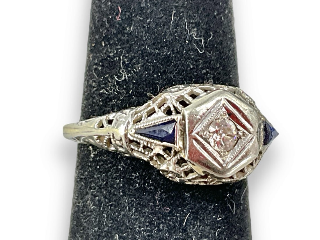 Darling 14kt White Gold Filigree Ring With Diamond & Sapphires (1 of 5)
